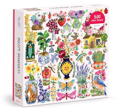 Galison Buzzy Bouquets – 500 Piece Jigsaw Puzzle Featuring Beautiful Artwork Of Quirky Flower Vases And Buzzy Insects