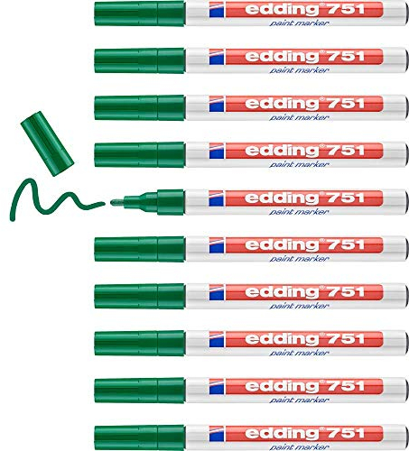 edding 751 paint marker - green - 10 pens - round tip 1-2 mm - paint marker for marking and labelling metal, glass, rocks or plastic - heat-resistant, permanent, smudge-proof and waterproof