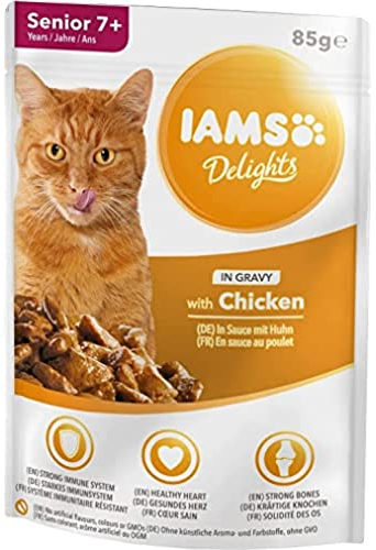 IAMS Delights Katzenfutter Nass mit Huhn in Sauce für ältere Katzen ab 7 Jahre - Probiergröße, Einzelbeutel, 1 x 85g