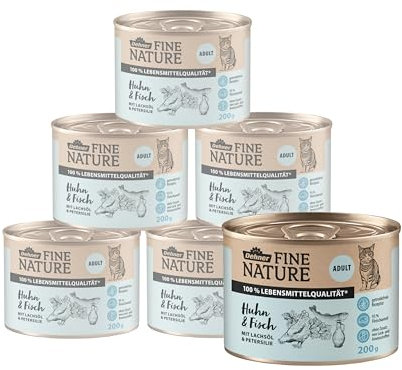 Dehner Fine Nature Katzenfutter, Nassfutter getreidefrei, für ausgewachsene Katzen, Huhn / Fisch, 6 x 200 g Dose (1.2 kg)