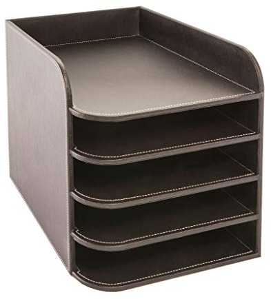 OSCO Brown Faux Leather Five Tier Designer Letter Tray | A4 | Desk File Organiser | Paper Storage | Office Document Sorter | Paperwork Filing | No Assembly Required | H28.8 x W25 x D33.5 cm |