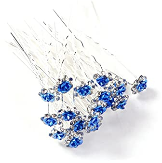 WedDecor 10pcs Blue Wedding Hair Pins with Crystal Rose Flower Design & Rhinestone Diamante Silver Plated Bridal Hair Clips Accessories for Women Wedding & Girls Bridesmaids Prom