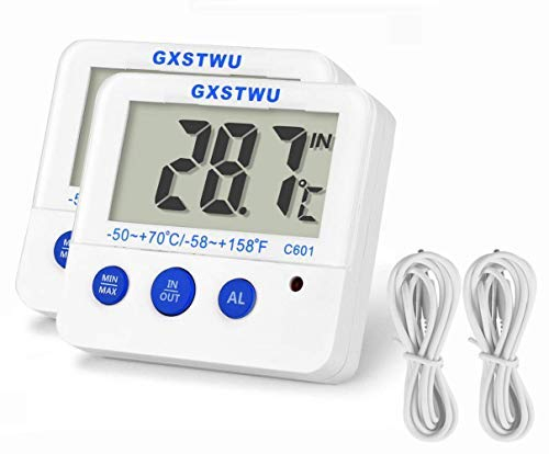 Fridge Freezer Thermometer Max/Min Memory GXSTWU High & Low Temperature Alarms Settings with LED Indicator Digital Refrigerator Thermometer with Magnetic,Stander White 2pack