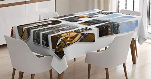 ABAKUHAUS Vereinigte Staaten Tischdecke, New York Collage, Schmutzabweisent mit Modernster Druck Technologie Waschbar Klare Farben, 140 x 240 cm, Weiß Blau Braun