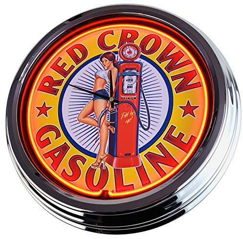 Neon Clock Red Crown Gasoline Pin Up WallClock Deko-Clock LeuchtClock USA 50's Style Retro NeonClock Dining Room Kitchen Living Room Office (Orange)