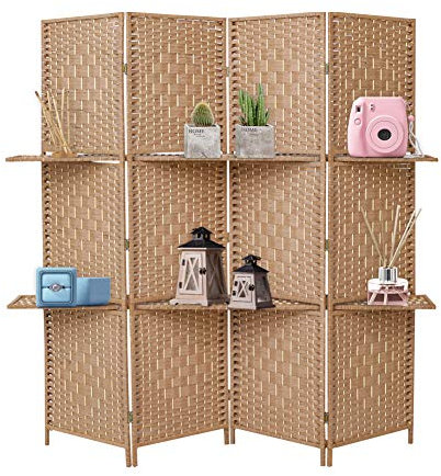 INMOZATA Room Divider with Shelves, 4 Panel Wicker Room Divider Free Standing, Folding Screens and Room Dividers Screen Privacy Panel for Office Bedroom Restaurant, 160 * 170cm (Natural)