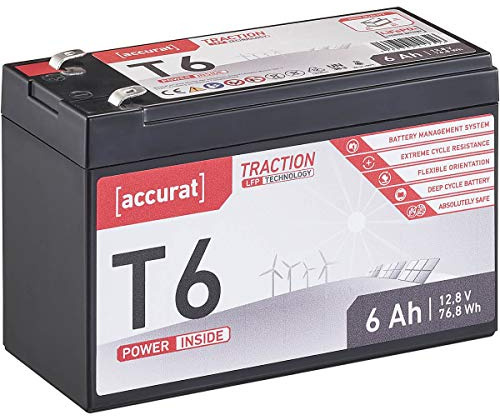 Accurat Traction LiFePO4 Batterie T6-12V, 6Ah, Bootsbatterie, Wohnmobil | Lithium-Eisenphosphat Versorgungsbatterie, Solarbatterie für Wohnwagen, Camper, Niedrige Selbstentladungsrate