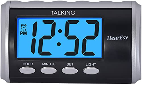 HearEsy Talking alarm clock for Visually Impaired - Large Numbers Desk Clock - Day Clock for Seniors - Battery Operated Large Display , Digital Clock, Digital (Silver)
