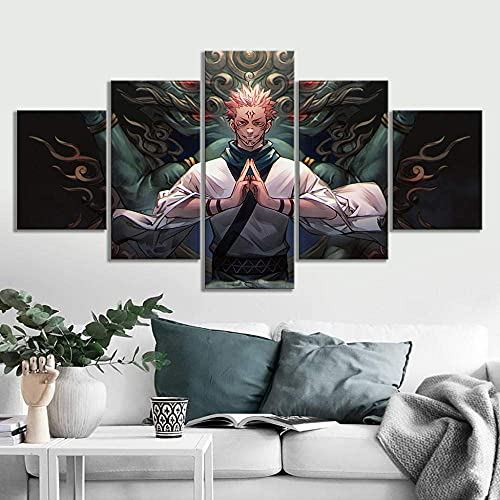 SINGLEAART Leinwanddrucke,5 Teilige Leinwand,5 Stück Wandbild,Wohnzimmer Dekoration,Modular Wandkunst,Brettmalerei,Geburtstagsgeschenk,Jujutsu Kaisen,Yuji Itadori,Sukuna,150Cm×80Cm,Mit Rahmen