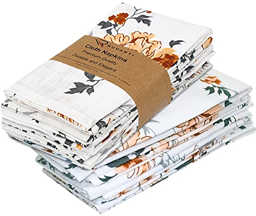 RUVANTI Küchentuchservietten, Dinner-Servietten, weiche und bequeme Baumwollservietten, rot und grün, mehrfarbig, Leinen-Servietten für Familie (12 Stück (50,8 x 50,8 cm), graues Blumenmotiv)