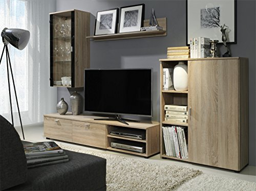 Furniture24 Wohnwand Dino Anbauwand Lowboard Schrank Hängeregal Hängevitrine Sonoma Eiche