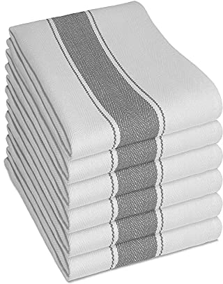 Pack of 6 Kitchen Tea Towels Large 100% Cotton Commercial Grade Towels Lint Free White Quick Drying, 70 x 50 cm Grey