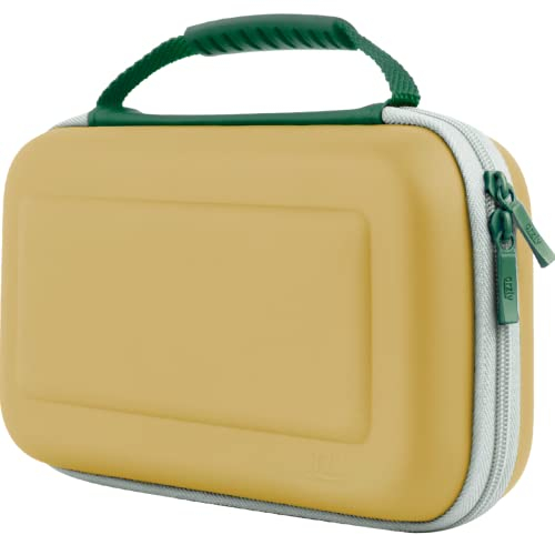 Orzly Switch Case für Nintendo Switch/Switch OLED – Animal Crossing Thema Nintendo Switch Hülle mit Zubehör und Gamecard Aufbewahrung – Schutzhülle für Reisen (Gold/Grün)
