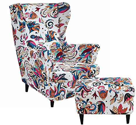 Highdi 2 Teilig Ohrensessel Überzug Mit Ottomane Schonbezug, Sessel-Überwürfe Ohrensessel Schonbezüge Bezug Sesselhusse Stretch Tiger Stuhlbezug mit Armlehne Hohe Rückenlehne (Europäische Blumen)