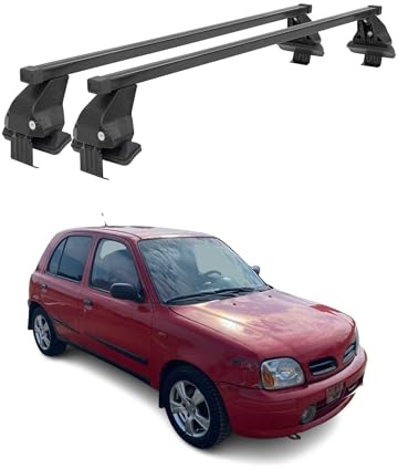 OMAC Dachträger Querträger Stahl für Nissan Micra II 1992-2002 5Tür – Abschließbar – City-Crash-getestet – DIN 75302:2019 – ISO/PAS 11154:2006 – Max. 50 kg Schwarz