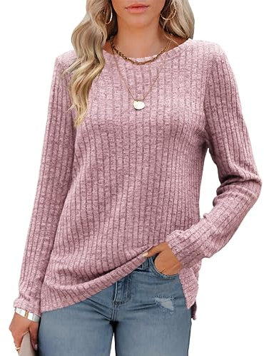 Odosalii Hauts décontractés à rayures pour femme – Col rond côtelé à manches longues – Pull fendu sur le côté, rose clair, XXL