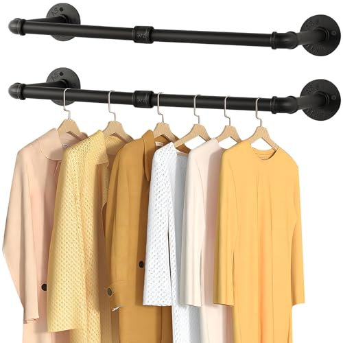 Yawinhe Kleiderstangen für die Wand, 97cm industrieller Rohr-Kleiderständer zur Wandmontage, Platzsparenders Wandregal Küchenregal, für Geschäft, Wohnen, Schwarz, 2-Pack, YMG002B-2