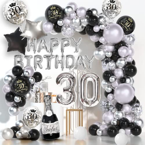 30 Geburtstag Deko Mann Frau Schwarz Silber, Deko 30 Geburtstag Mann Geburtstagsdeko 30 mit Happy Birthday Balloon, Luftballon 30,Silber Konfetti Luftballons für 30 Geburtstag Dekoration Mädchen