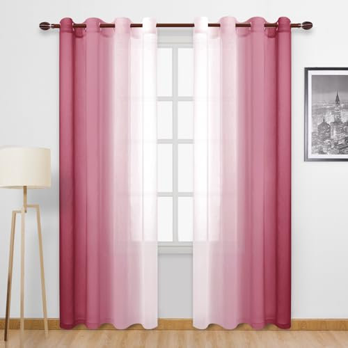 DWCN Ombré-Vorhänge aus Kunstleinen – Farbverlauf, Halb-Voile-Vorhänge für Schlafzimmer und Wohnzimmer, Fenstervorhänge mit Ösen, 2 Paneele, 132 x 274 cm lang, Burgunderrot