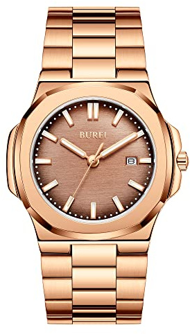 BUREI Uhren Herren Edelstahl Analog Armbanduhr Herren Wasserdicht Datum Herrenuhren Klassische Business Männer Quarzuhr Geschenke für Männer (Roségold)