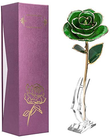 LIZEALUCKY Rosa Verde Placcata in Oro 24 Carati, Rosa a Foglia Verde a Stelo Lungo Eterno con Supporto, Regalo Romantico per San Valentino, Anniversario, Compleanno E Decorazioni per La Casa