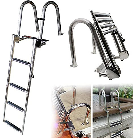 FENGSSLL Leitern Teleskopieren 4-Stufen-Poolleiter, Rostfreier Stahl Zusammenklappbare Bootsleitern mit Extra Breitem Anti-Rutsch-Pedal, für Yacht/Boot/Pool-Dock