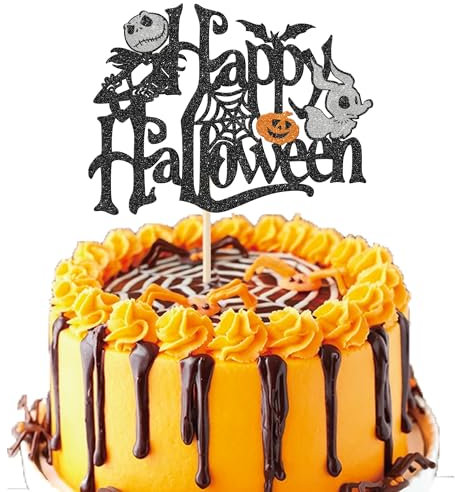 Xsstarmi 1 Pack Happy Halloween Cake Topper Glitter Jack Skellington Birthday Halloween Party Cake Decoration Ghost Pumpkin Bat Witch Cake Pick for Halloween Theme Birthday Party Decorations