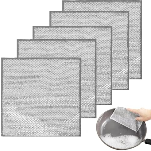 AWAVM 5PCS Multipurpose Non-Scratch Scrubbing Wire Dishwashing Rags, Wire Wool,Multipurpose Wire Dishwashing Rags for Wet and Dry, Resuable Kitchen Microfibre Cleaning Cloth(double decker) (5)