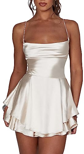 Kurzer Jumpsuit für Damen, rückenfrei, Satinkleid, sexy Wasserfallausschnitt, kurze Jumpsuits, Krawatte, Rüschen, Spaghettiträger, Minikleid, A-Champagner, S