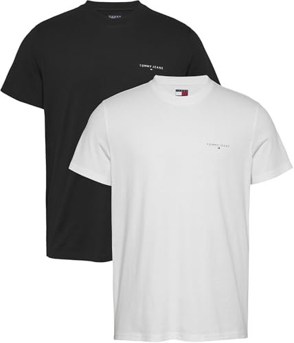 Tommy Jeans Men’s 2 Pack Linear Chest Short Sleeve Round Neck T-Shirts, Multicolor (Black/Ecru), XL