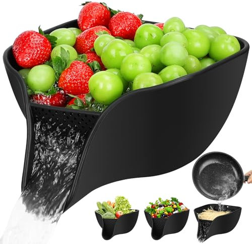 Advantez Multifunctional Drain Basket, 4.6 QT Large Silicone Food Pasta Drainer with Spout for 3-5 QT, Kitchen Sink Colanders & Food Strainers Bowl for Washing Fruits, Vegetables and More(Black)