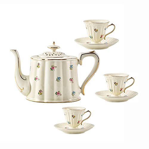 sjdoPulse Tea Set For Adults Porcelain Coffee Cups And Saucers Bone China Pink Teapot Sets Old Country Roses Teapot 7 Pieces,B