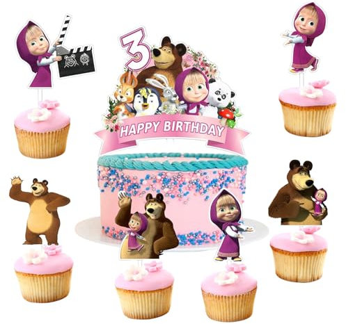 Mädchen Und Der Bär Tortendeko,Mädchen Und Der Bär 3.Geburtstag Deko,7Pcs Küchendeko Mädchen Und Der Bär,Mädchen Und Der Bär Tortenaufleger Kinder,Kindergeburtstag Cake Topper. (3)