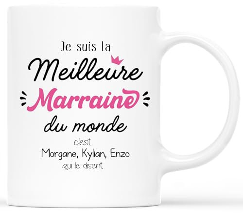 𝗖𝗔𝗗𝗘𝗔𝗨 𝗣𝗟𝗨𝗦 Mug Personnalisé Prénom - Je Suis La Meilleure Marraine Du Monde - Cadeau Parrain, Cadeau Parrain Marraine Bapteme, Cadeau Parrain Personnalisé, Mug Parrain, Tasse Bapteme