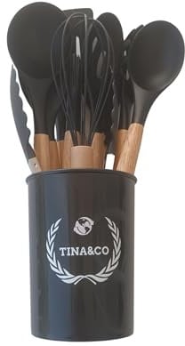 TINA&CO Juego de 12 Utensilios de Cocina de Silicona con Mango de Madera - Kit de Cocina Completo de Menaje, Antihaderente, Resistentes al calor y Duraderos (Negro)