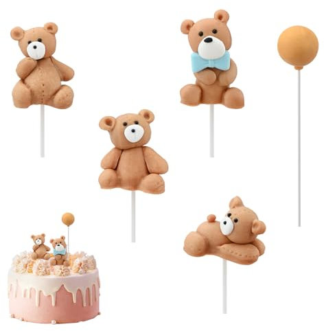 Bekecidi 5 Pcs Brown Teddy Bear Cake Toppers, Soft Clay 3D Bear Birthday Cake Decoration, Cute Bear Cupcake Cake Toppers for Kids Birthday Baby Shower Party Supplies