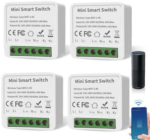 4 unidades de interruptor de luz inteligente de 2 vías, interruptor WiFi Smart Life, mini interruptor WiFi DIY compatible con la aplicación Tuya, Alexa y Google Home, cable neutro, se adapta detrás