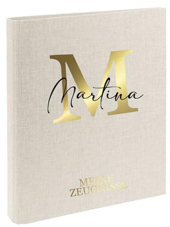 AWASG Zeugnismappe Kinder mit Namen personalisiert | Dokumentenmappe Buchstabe Initiale für Mädchen Jungen | Zeugnisordner Leinen zum Einsortieren von Urkunden (Sand)