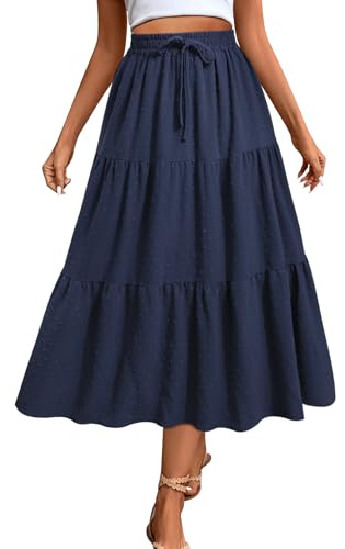 Adigaber Damen Rock Lange Elastischer Hohe Taille Maxi Midirock Schweizer Dot Lässige Boho Röcke mit Taschen und Kordelzug