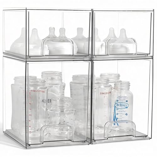 MINMUNJIU Babyflaschen-Organizer, 4er-Pack, durchsichtige platzsparende stapelbare Schublade mit Griff, Babyflaschen-Aufbewahrungsorganizer für Arbeitsplatte und Schrank