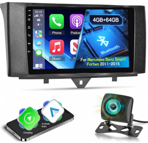 8 Núcleos 4G+64G Qualcomm Radio Coche para Mercedes Benz Smart Fortwo 2011-2015 con Inalámbrico CarPlay Android Auto, Pantalla Táctil de 9 Pulgadas, WiFi, GPS, Bluetooth 5.1, FM/RDS, DSP