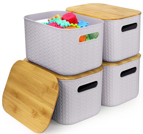 RWFMO 4 Pcs Plastic Purple Storage Baskets with Bamboo Lid for Bathroom | Stackable Design, Wicker Storage Boxes with Handle for Home Kitchen, Office and Wardrobe, 24 x 16.5 x 15.5cm