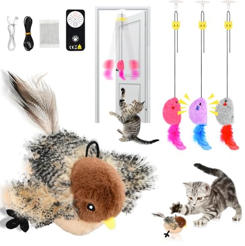 Mapille Jouet Interactif électrique pour Chat avec Herbe à Chat, Télécommande, avec 3 Souris Qui couinent, Rechargeable Oiseau Volant pour Chat, Réels battements et gazouillements, Activé au Toucher