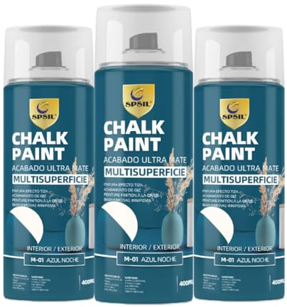 SPSIL Chalk Paint Spray Azul Noche 400ml (3 Pcs)-Pintura en Spray Ultra Mate a la Tiza,Efecto Retro y Vintage para Muebles de Madera, Metal,Cerámica,Imprimación en Spray