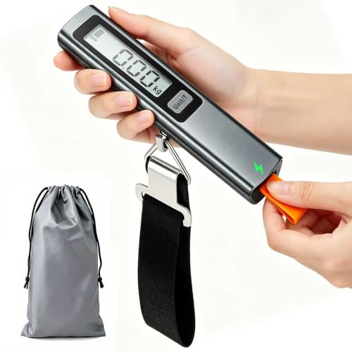 QL Kofferwaage Reisen keine Batterien 50 kg Digital LCD Auto-Off Tara kg/lb | Kofferwaage Reisen Handkurbel erzeugt Strom,Großes Display ,50kg/110lb,6 Funktionen Tara/Unit/Zero/Hold,Kompakt, mit Tasche