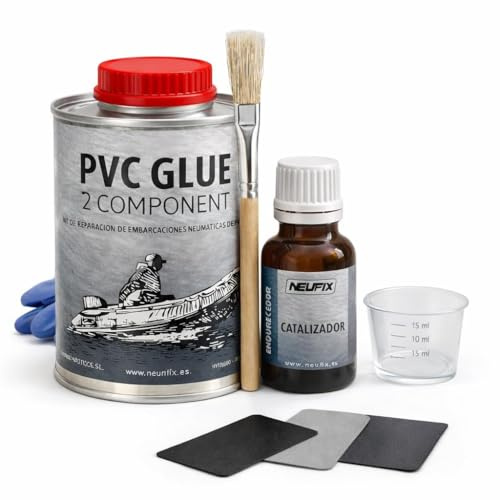 NEUFIX Kit de réparation PVC professionnel - Colle PVC 2 composants pour Zodiac, Paddle Surf, Kayak et Gonflables - Comprend des patchs, pinceau, gobelet, gants et lingette (250 ml)