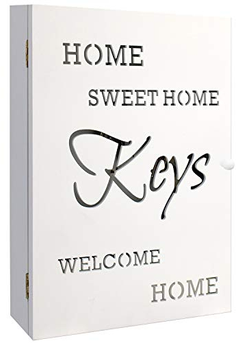 Schlüsselkasten Holzkasten 'HOME SWEET HOME' in Weiss 22x7x32cm 6 Schlüsselhaken Aufbewahrungsnische - Schlüsselbox Schlüsselbrett Schlüsselschrank