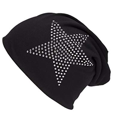 shenky Schwarzer Langer Jersey Beanie mit Pailletten Sternchen Frühlingsmütze Mütze Long Beanies Slouches Männer Frauen Sommerbeanie Herren Damen