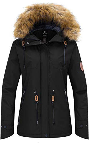 Wantdo Femme Veste de Ski Outdoor Veste Imperméable Coupe-Vent Manteau d'hiver Chaud avec Capuche Amovible Veste Randonnée pour Voyage Noir S