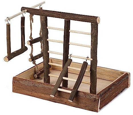 Petlicity Natural Wooden Bird Leisure Play ground Gym With Ladder, Swing and Perch Areas